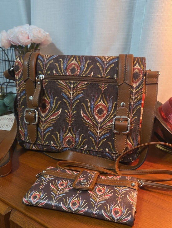Relic Handbags - Relic Brown Peacock-Feather Crossbody Bag with Matching Wallet